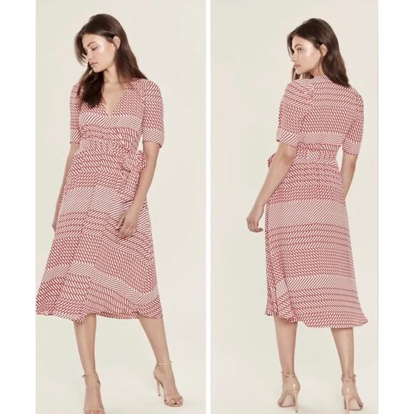 Joie Size 2 Cata Red Striped Midi Wrap Dress Art Deco Boho Festival - Picture 5 of 5